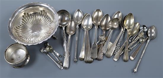 A 1930s silver salt by Albert Edward Jones, a silver sugar bowl and a quantity of assorted silver flatware.